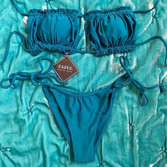 NWT ZAFUL Size S Adjustable Teal Bandeau Bikini with Brazilian Bottom - Picture 4 of 6
